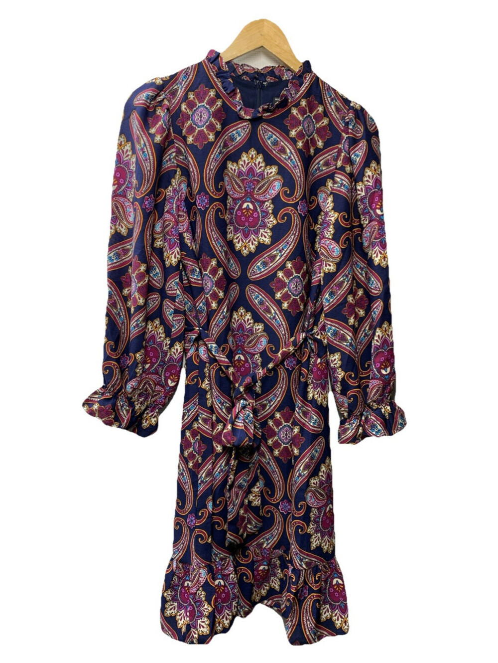 Maggy London Women's Long Sleeve Ruffle Mock Neck Dress with Waist Tie Size 8